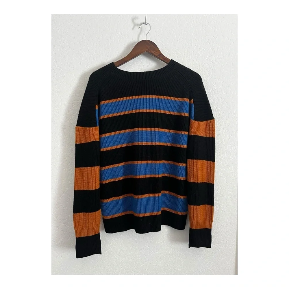 ALC Striped Oversized Wool Cashmere Crewneck Sweater Black Blue Medium